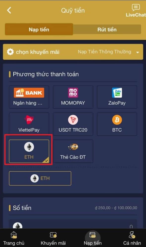 Chọn phương thức ETH trong danh sách nạp tiền