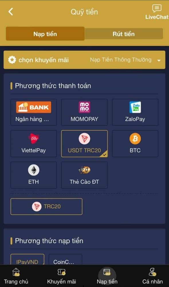 Chọn phương thức nạp tiền USDT TRC20