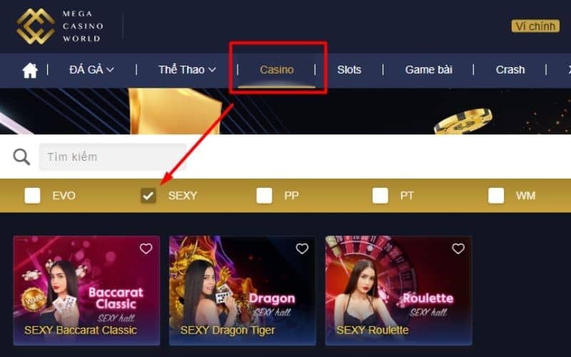 Chọn casino và vào sảnh cược Sexy